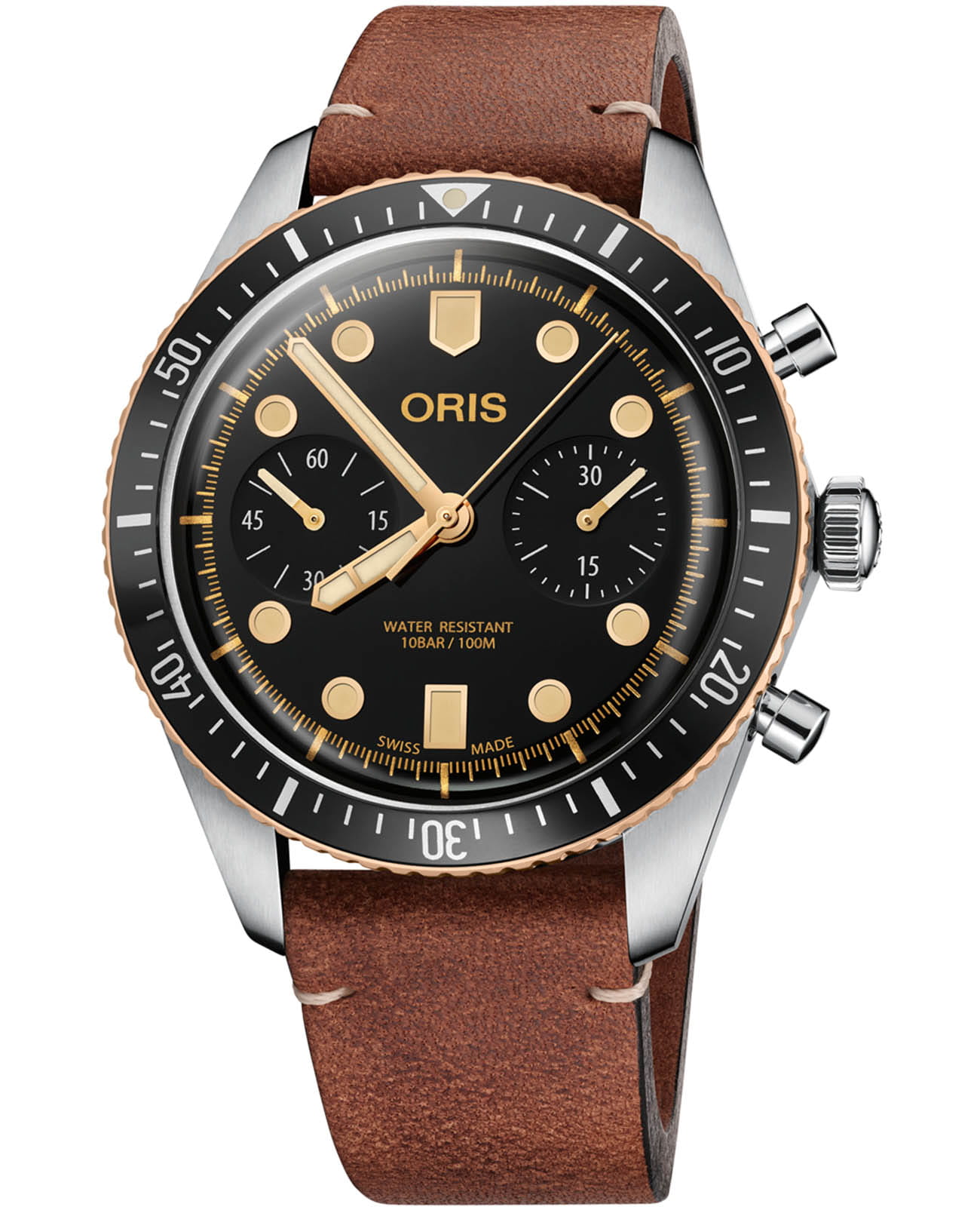 Oris Oris Divers Sixty‑Five 01 771 7744 4354-07 5 21 45  01 771 7744 4354-07 5 21 45 механические мужские часы черный циферблат, браслет кожаный — вид спереди
